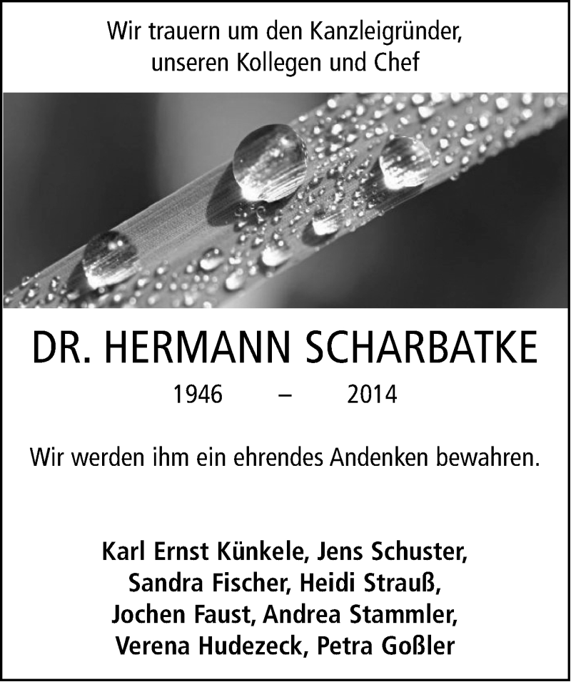  Traueranzeige für Hermann Scharbatke vom 01.03.2014 aus Neustadt/ Scheinfeld/ Uffenheim