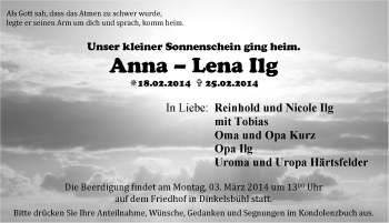 Traueranzeige von Anna – Lena Ilg von Dinkelsbühl/ Feuchtwangen