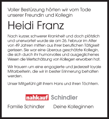 Traueranzeige von Heidi Franz von Ansbach