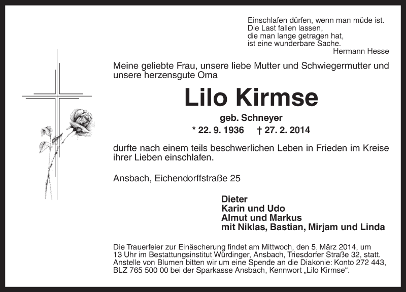  Traueranzeige für Lilo Kirmse vom 01.03.2014 aus Ansbach