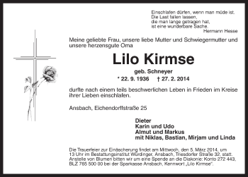Traueranzeige von Lilo Kirmse von Ansbach