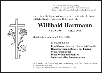 Traueranzeige von Willibald Hartmann von Ansbach
