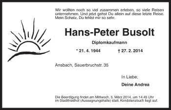 Traueranzeige von Hans-Peter Busolt von Ansbach