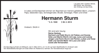 Traueranzeige von Hermann Sturm von Ansbach