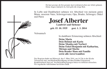 Traueranzeige von Josef Alberter von Ansbach