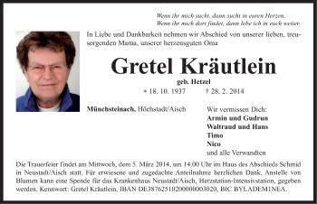 Traueranzeige von Gretel Kräutlein von Neustadt/ Scheinfeld/ Uffenheim