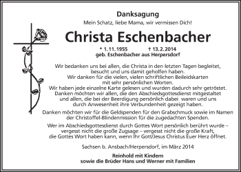 Traueranzeige von Christa Eschenbacher von Ansbach