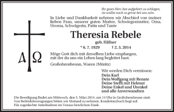 Traueranzeige von Theresia Rebele von Dinkelsbühl/ Feuchtwangen