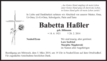 Traueranzeige von Babetta Haßler von Neustadt/ Scheinfeld/ Uffenheim