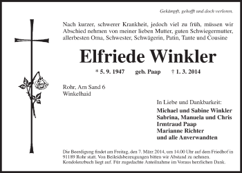 Traueranzeige von Elfriede Winkler von Ansbach