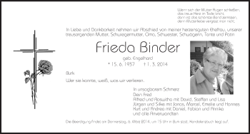 Traueranzeige von Frieda Binder von Dinkelsbühl/ Feuchtwangen