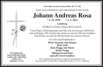 Traueranzeige von Johann Andreas Rosa von Ansbach