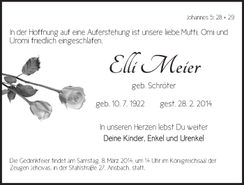 Traueranzeige von Elli Meier von Ansbach