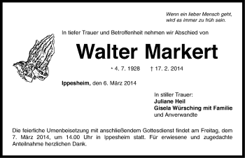 Traueranzeige von Walter Markert von Neustadt/ Scheinfeld/ Uffenheim