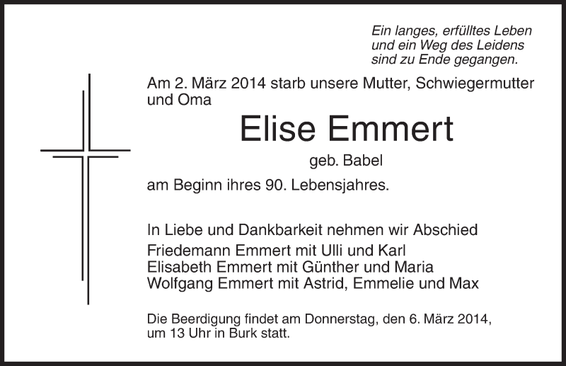  Traueranzeige für Elise Emmert vom 05.03.2014 aus Dinkelsbühl/ Feuchtwangen