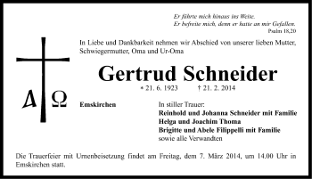 Traueranzeige von Gertrud Schneider von Neustadt/ Scheinfeld/ Uffenheim