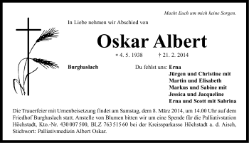 Traueranzeige von Oskar Albert von Neustadt/ Scheinfeld/ Uffenheim