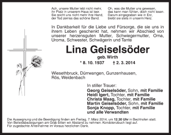 Traueranzeige von Lina Geiselsöder von Dinkelsbühl/ Feuchtwangen
