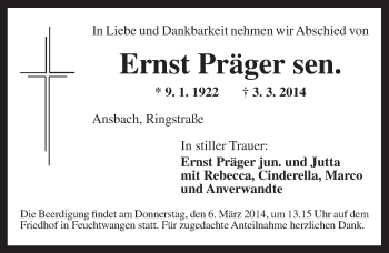 Traueranzeige von Ernst Präger sen von Ansbach