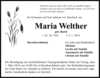 Traueranzeige von Maria Welther von Neustadt/ Scheinfeld/ Uffenheim