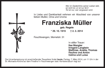 Traueranzeige von Franziska Müller von Dinkelsbühl/ Feuchtwangen
