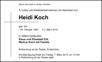 Traueranzeige von Heidi Koch von Neustadt/ Scheinfeld/ Uffenheim