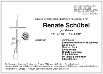 Traueranzeige von Renate Schübel von Dinkelsbühl/ Feuchtwangen