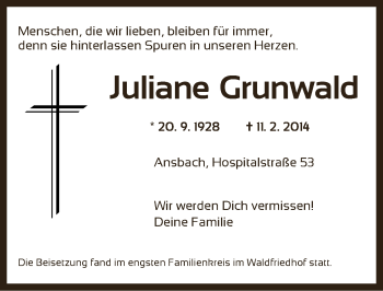 Traueranzeige von Juliane Grunwald von Ansbach