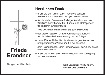 Traueranzeige von Frieda Brandner von Dinkelsbühl/ Feuchtwangen
