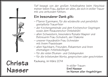 Traueranzeige von Christa Nasser von Dinkelsbühl/ Feuchtwangen