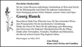 Traueranzeige von Georg Hanek von Ansbach