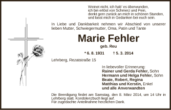 Traueranzeige von Marie Fehler von Ansbach