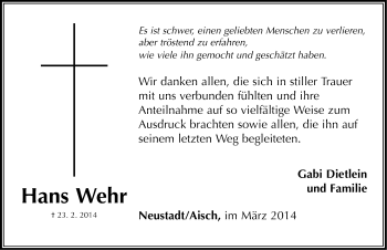 Traueranzeige von Hans Wehr von Neustadt/ Scheinfeld/ Uffenheim