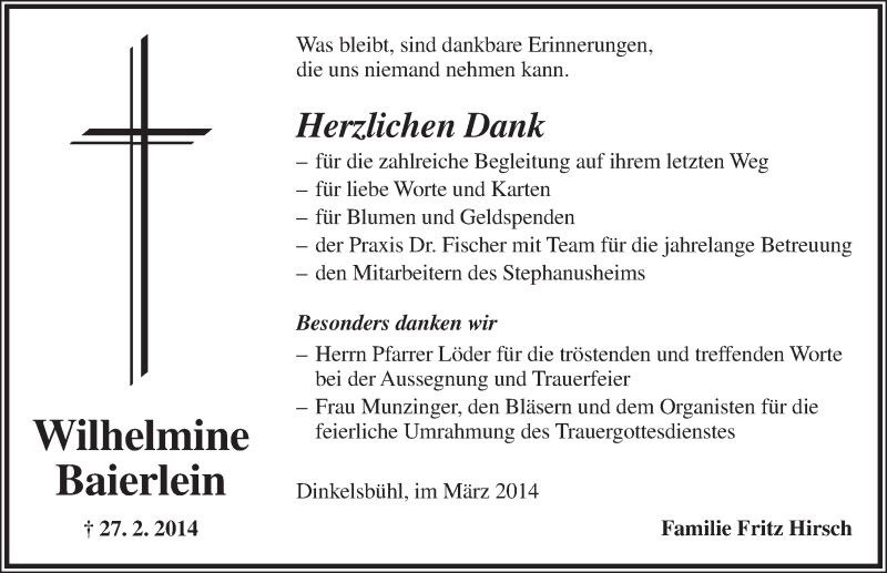  Traueranzeige für Wilhelmine Baierlein vom 15.03.2014 aus Dinkelsbühl/ Feuchtwangen