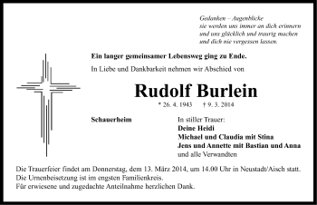 Traueranzeige von Rudolf Burlein von Neustadt/ Scheinfeld/ Uffenheim