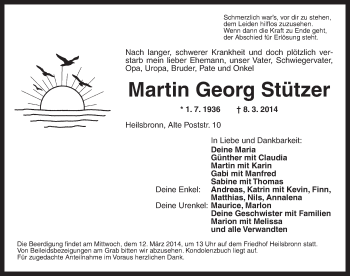Traueranzeige von Martin Georg Stützer von Ansbach