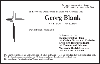 Traueranzeige von Georg Blank von Ansbach