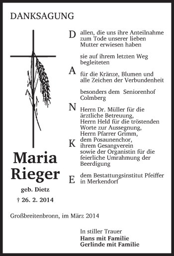 Traueranzeige von Maria Rieger von Ansbach