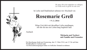 Traueranzeige von Rosemarie Greß von Ansbach