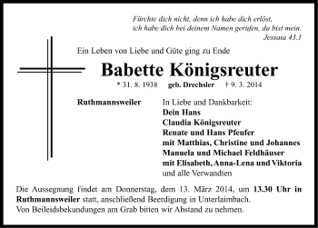 Traueranzeige von Babette Königsreuter von Neustadt/ Scheinfeld/ Uffenheim