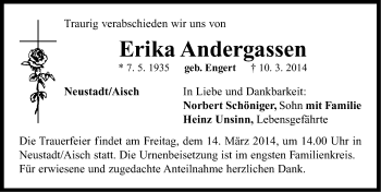 Traueranzeige von Erika Andergassen von Neustadt/ Scheinfeld/ Uffenheim