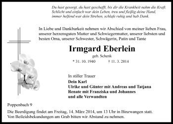 Traueranzeige von Irmgard Eberlein von Ansbach