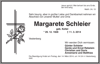 Traueranzeige von Margarete Schleier von Ansbach