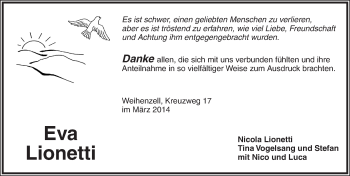 Traueranzeige von Eva Lionetti von Ansbach