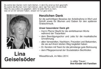 Traueranzeige von Lina Geiselsöder von Dinkelsbühl/ Feuchtwangen