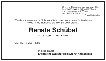 Traueranzeige von Renate Schübel von Dinkelsbühl/ Feuchtwangen