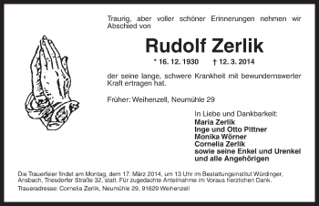 Traueranzeige von Rudolf Zerlik von Ansbach