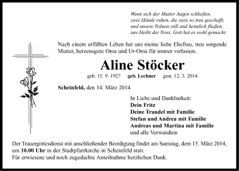 Traueranzeige von Aline Stöcker von Neustadt/ Scheinfeld/ Uffenheim