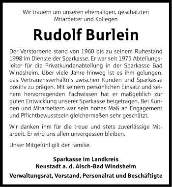 Traueranzeige von Rudolf Burlein von Neustadt/ Scheinfeld/ Uffenheim