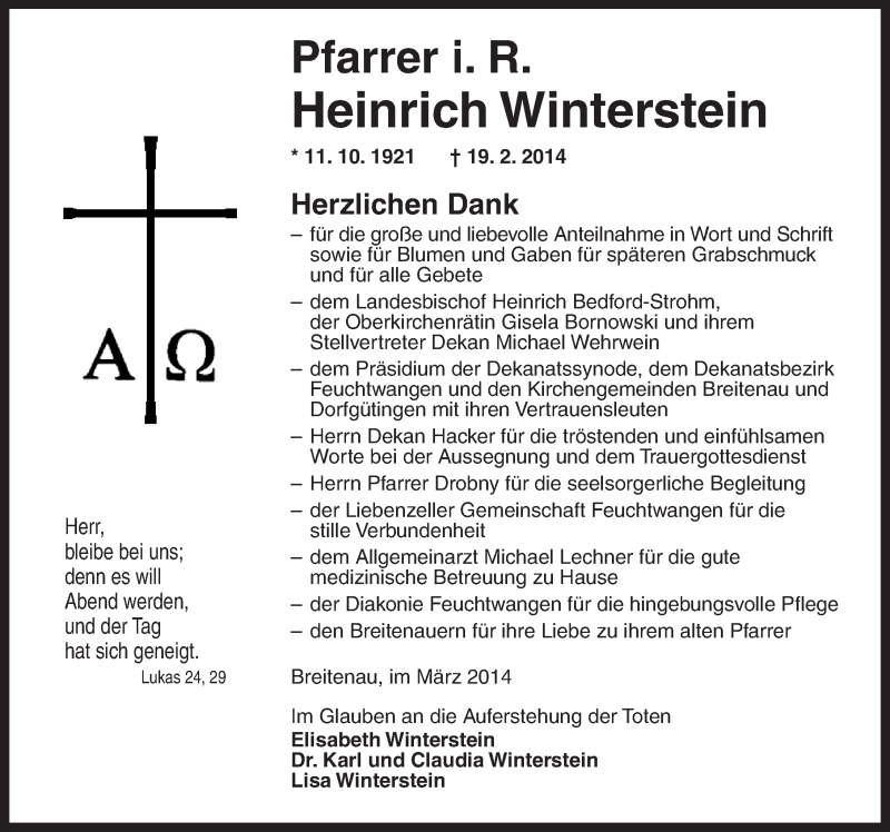  Traueranzeige für Heinrich Winterstein vom 15.03.2014 aus Gesamtausgabe